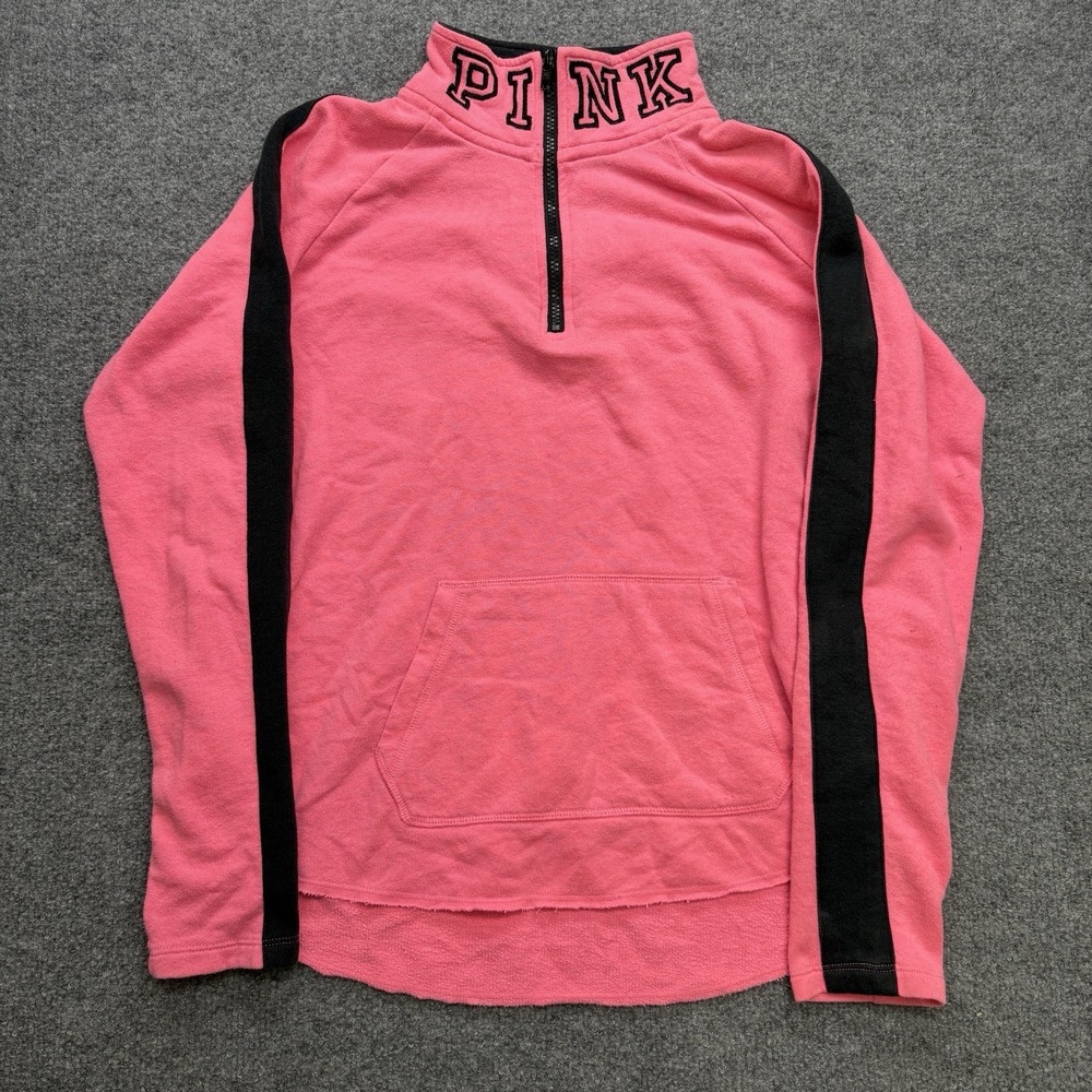 Pink Victoria Secret Women's 1/4 Zip‎ Hot Pink/Black Sweatshirt Size Medium Y2K